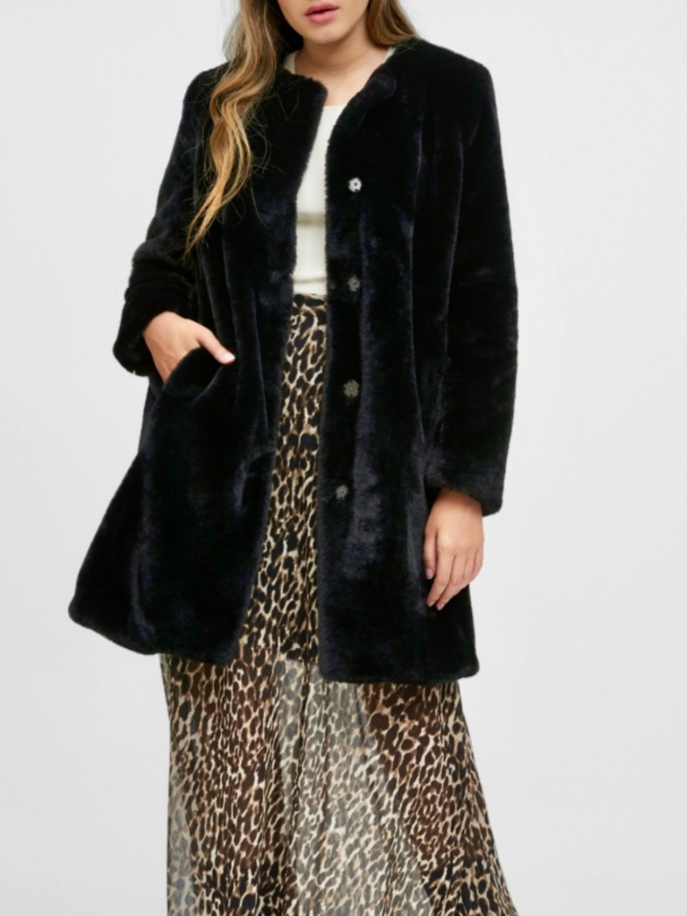Banana Republic Collarless Faux Fur Midi Black Coat Leopard Lining (Extra Large)
